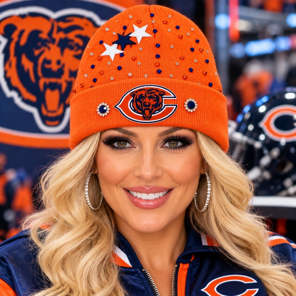 Chicago Bears Orange Rhinestone Embellished Knit Beanie Hat with Stars Women